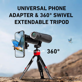 Three Triping binoculars on a tripod for stable viewing on uneven terrain.