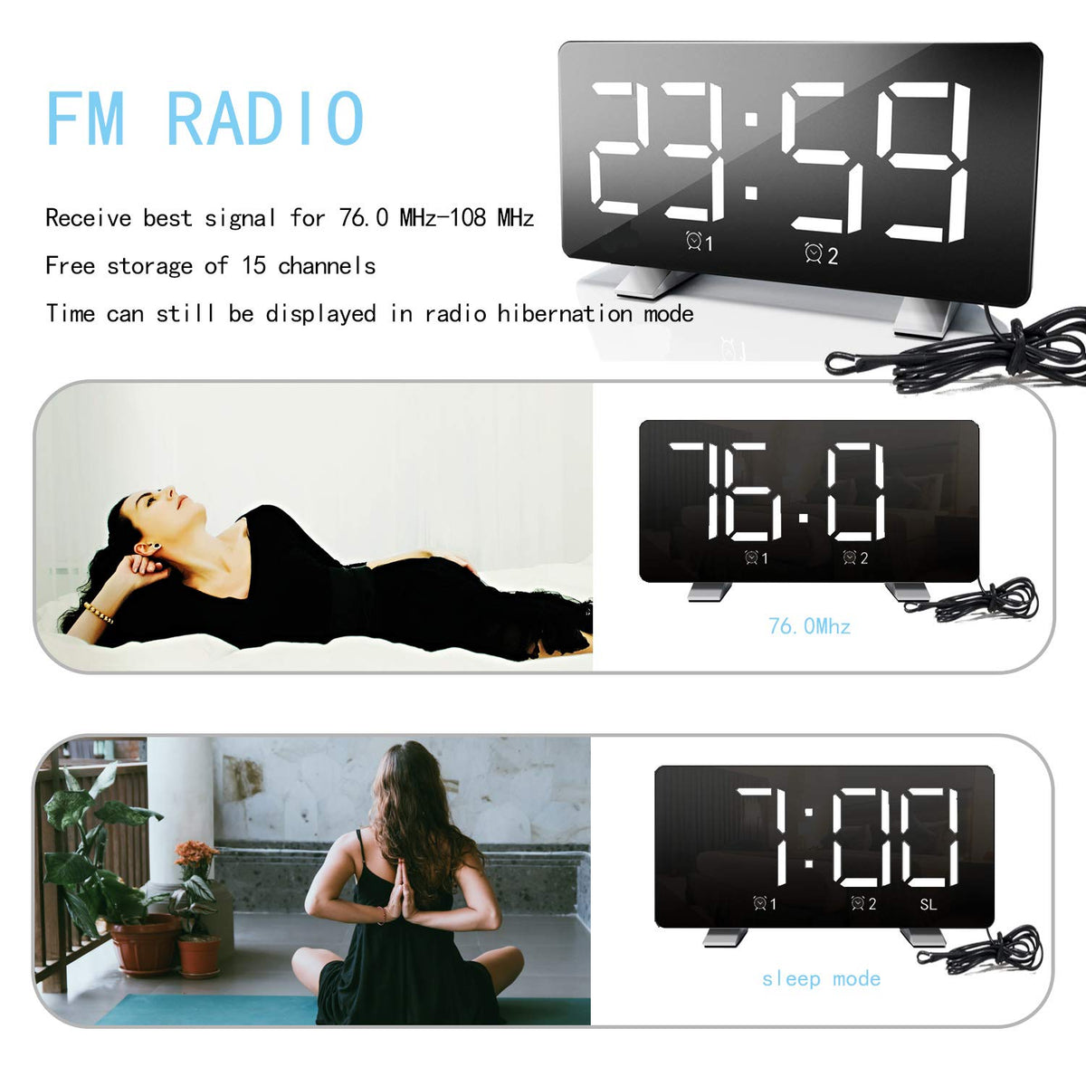 ThreeH alarm clock radio sleep timer fades out music before bed.