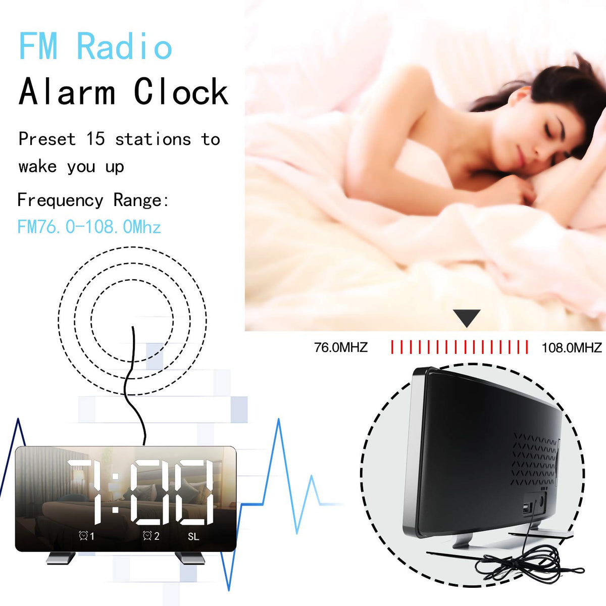 ThreeH alarm clock radio snooze function offering a gentle 9-minute nap.