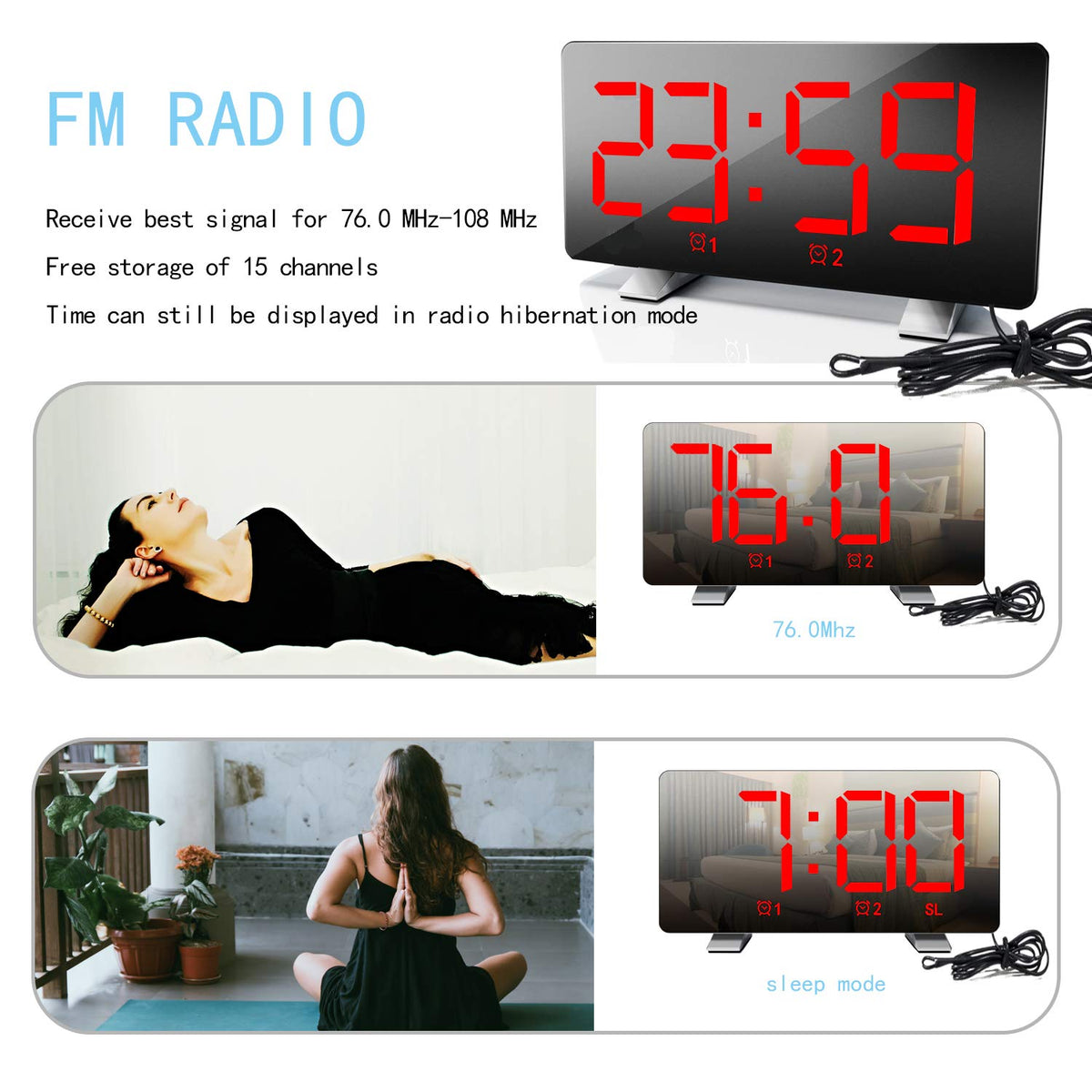 ThreeH Radio Clock sleep timer enables relaxing radio time before sleep.