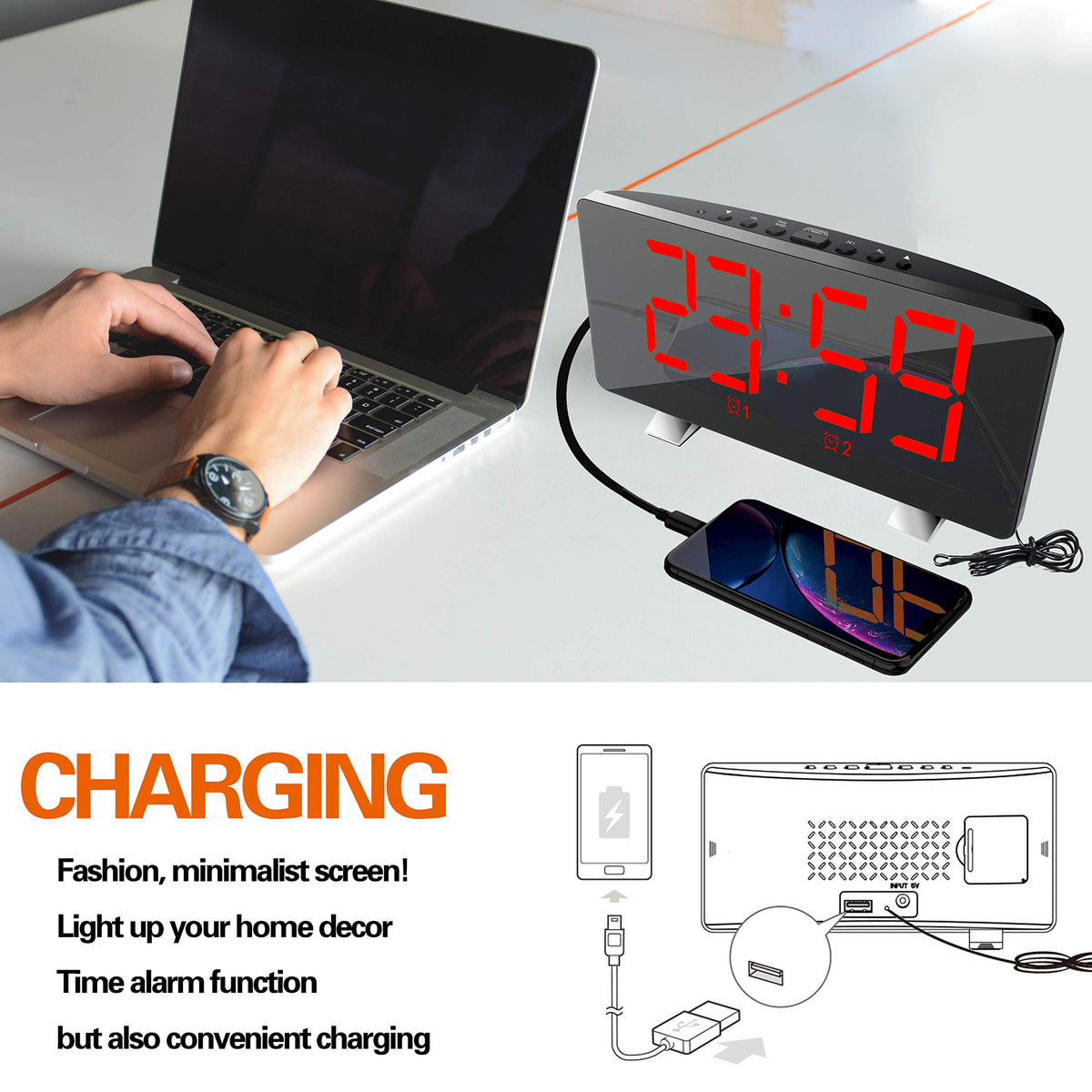 ThreeH Radio Clock USB charger port keeps your phone powered overnight.
