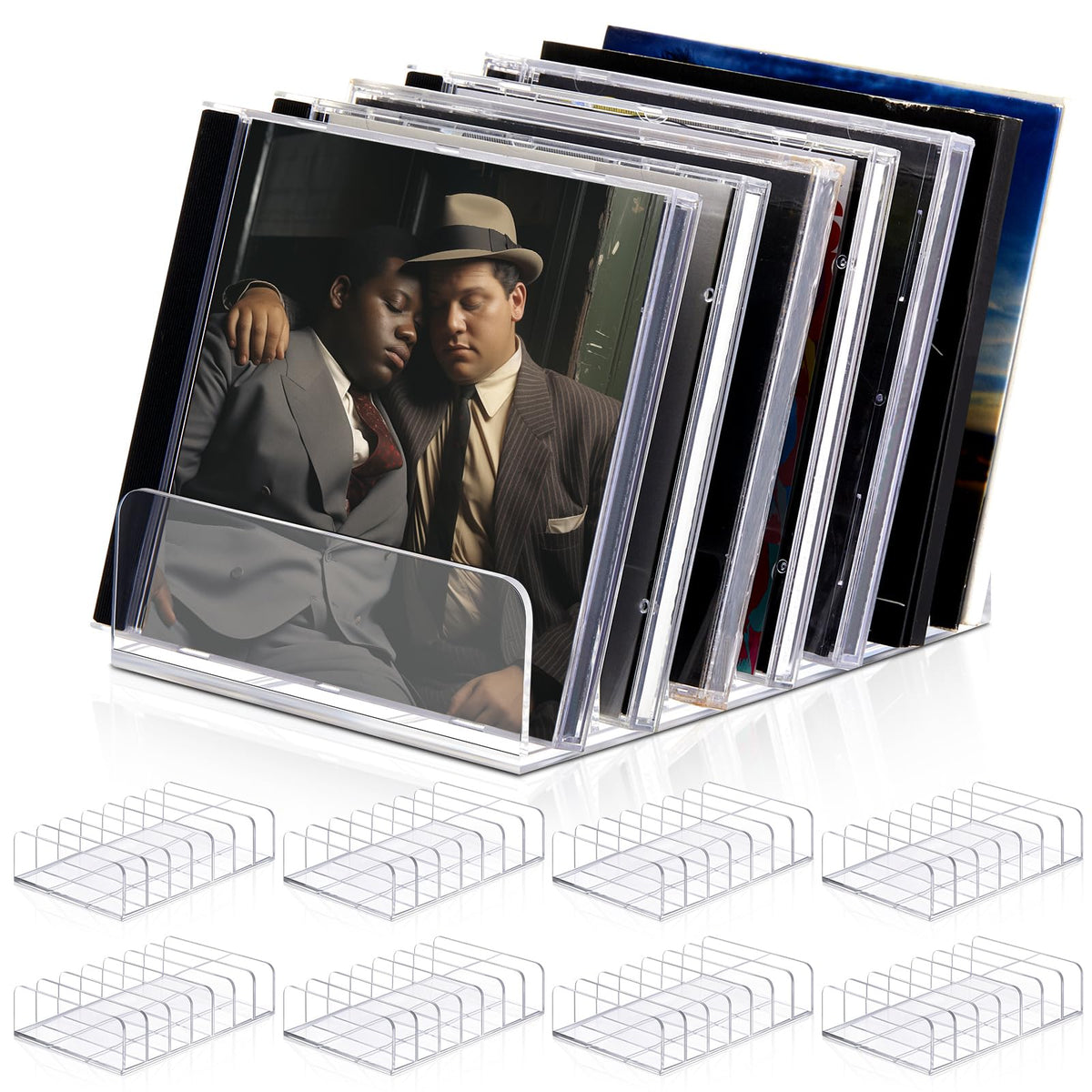Threehoney clear acrylic CD holder eight-pack assembled on shelf for neat media display.