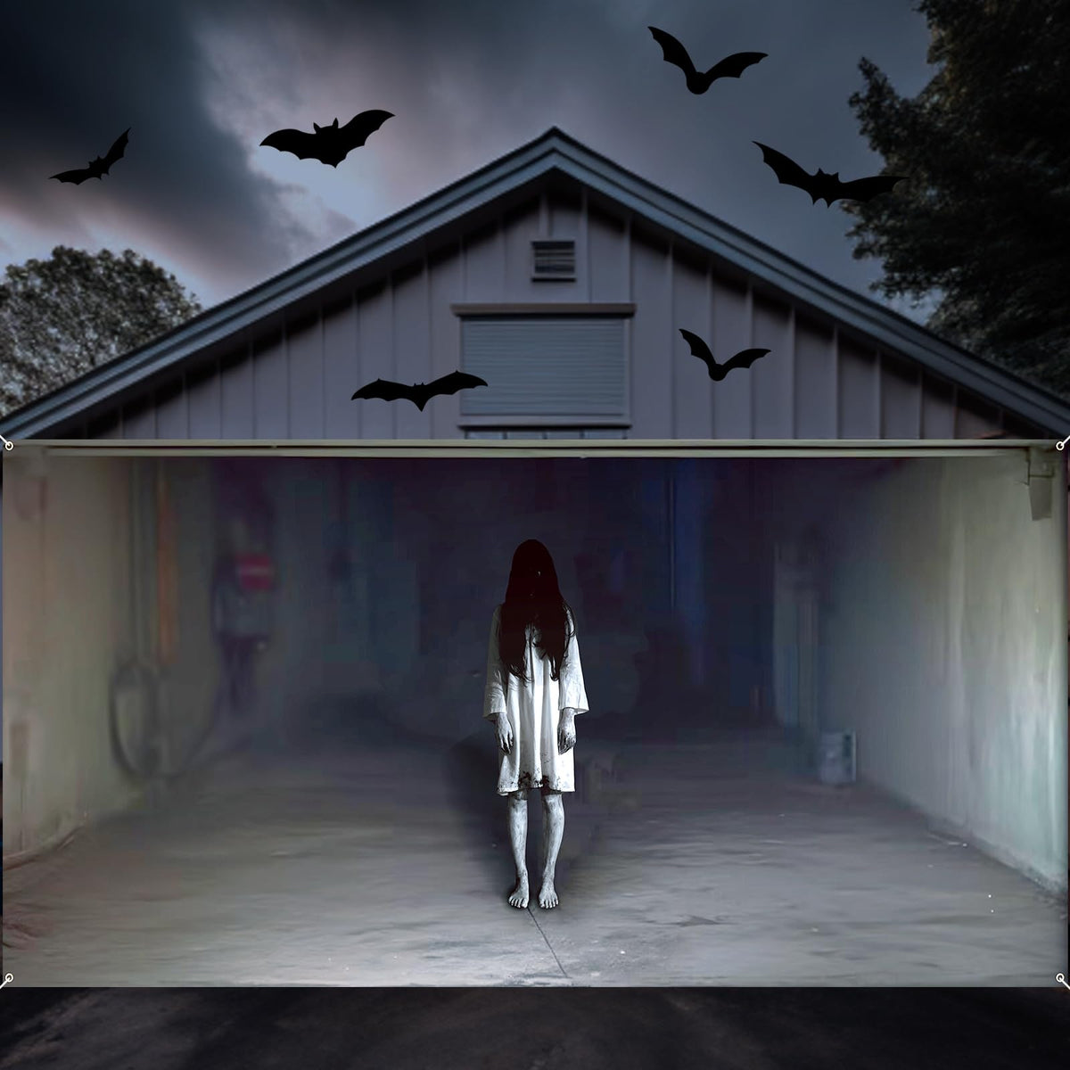 Threehoney ghost banner full view for outdoor garage decor and Halloween ambiance