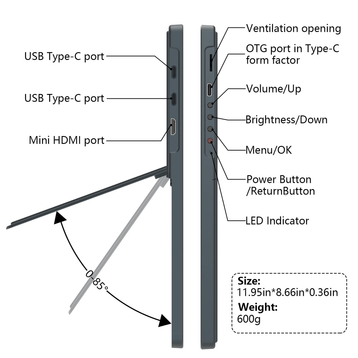 Thrygo portable monitor adjustable stand for comfortable viewing angles.