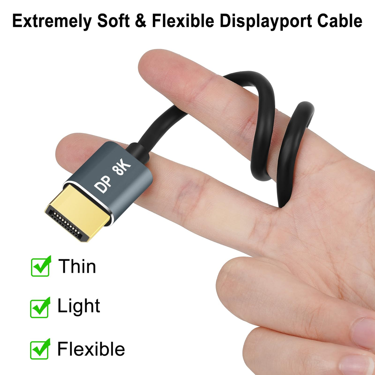 Thsucords gold-plated DisplayPort connector close-up for reliable contact
