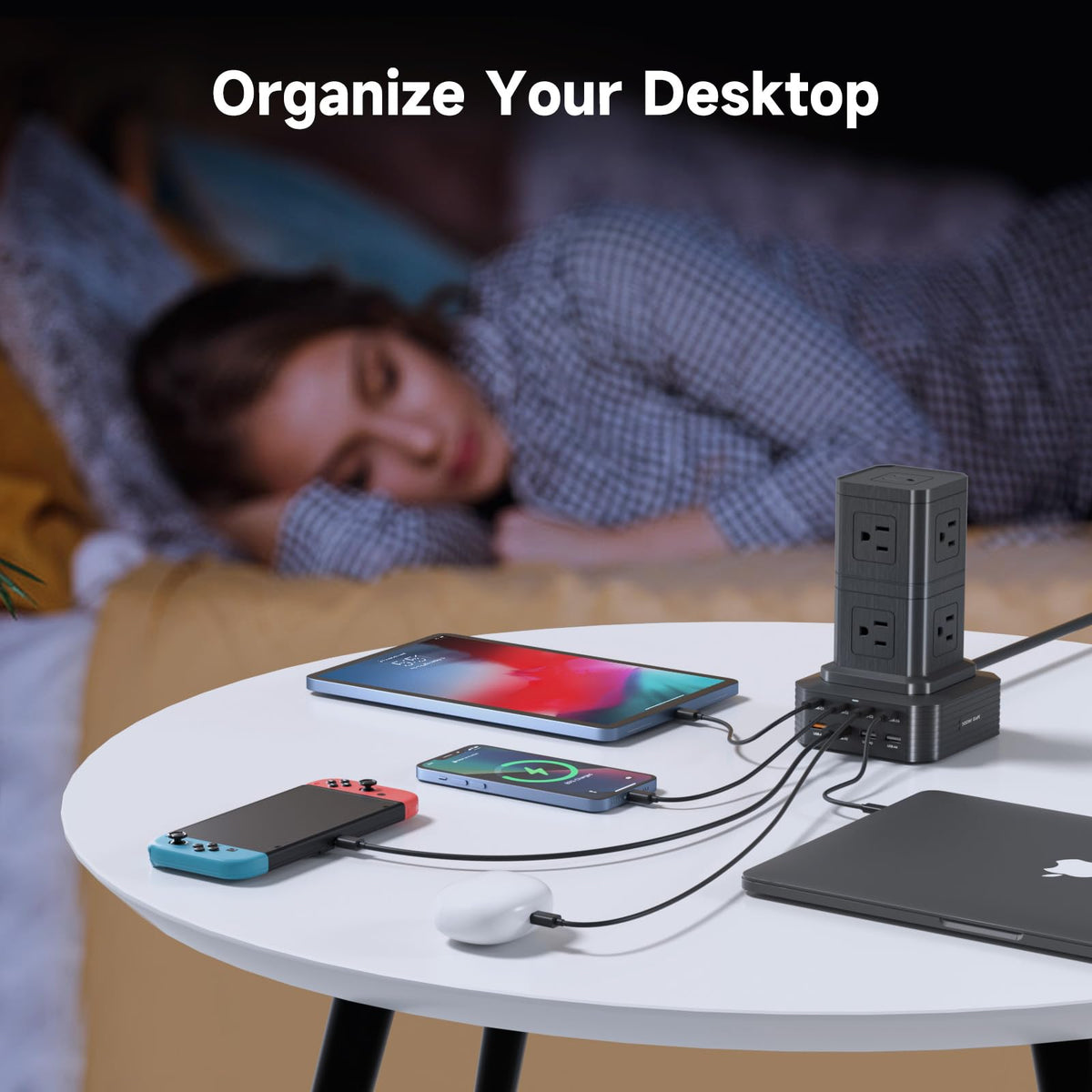 ThunderGo extension cord 6.6 ft keeps outlets reachable on a tidy desk.