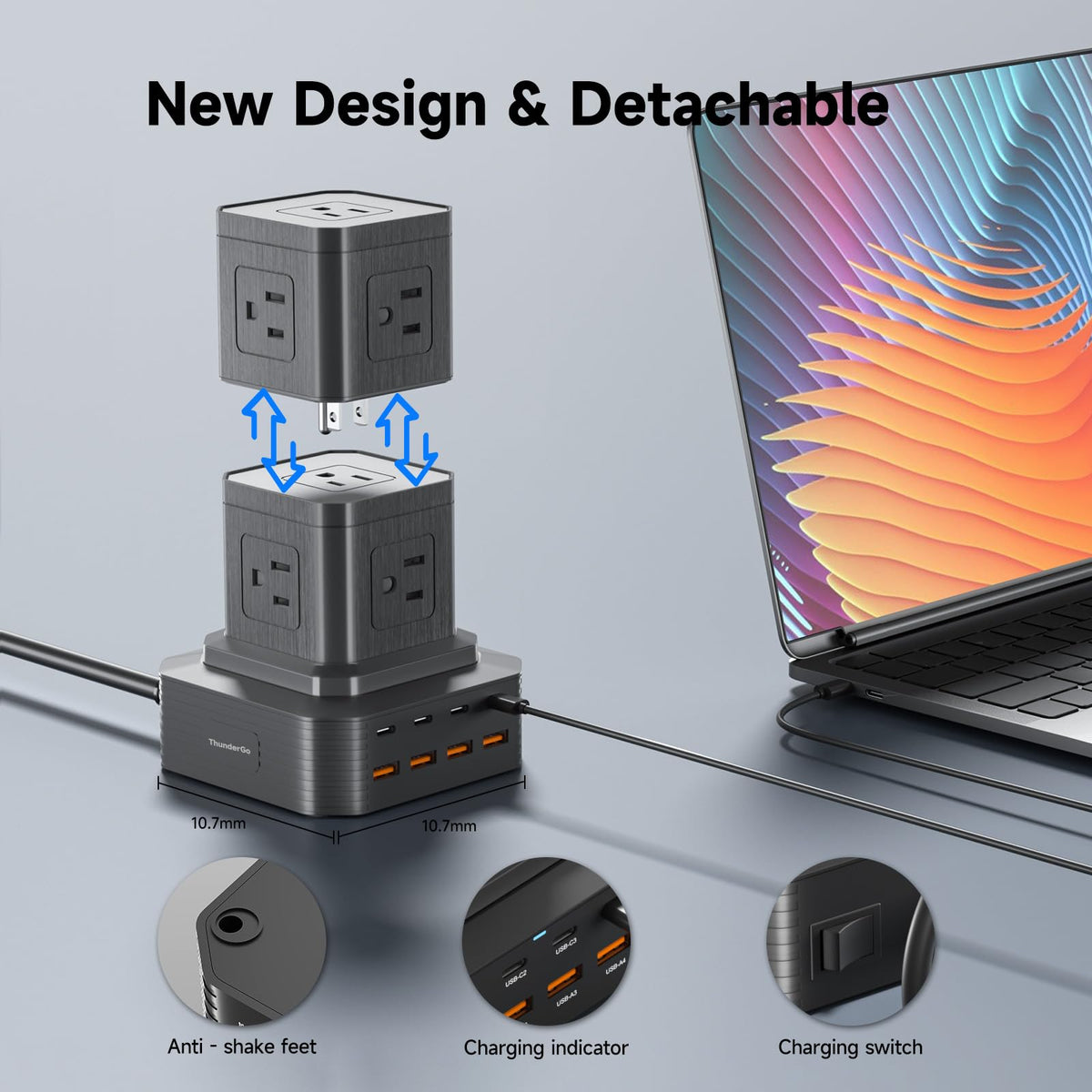 ThunderGo USB-A ports charge smartphones and earbuds efficiently.