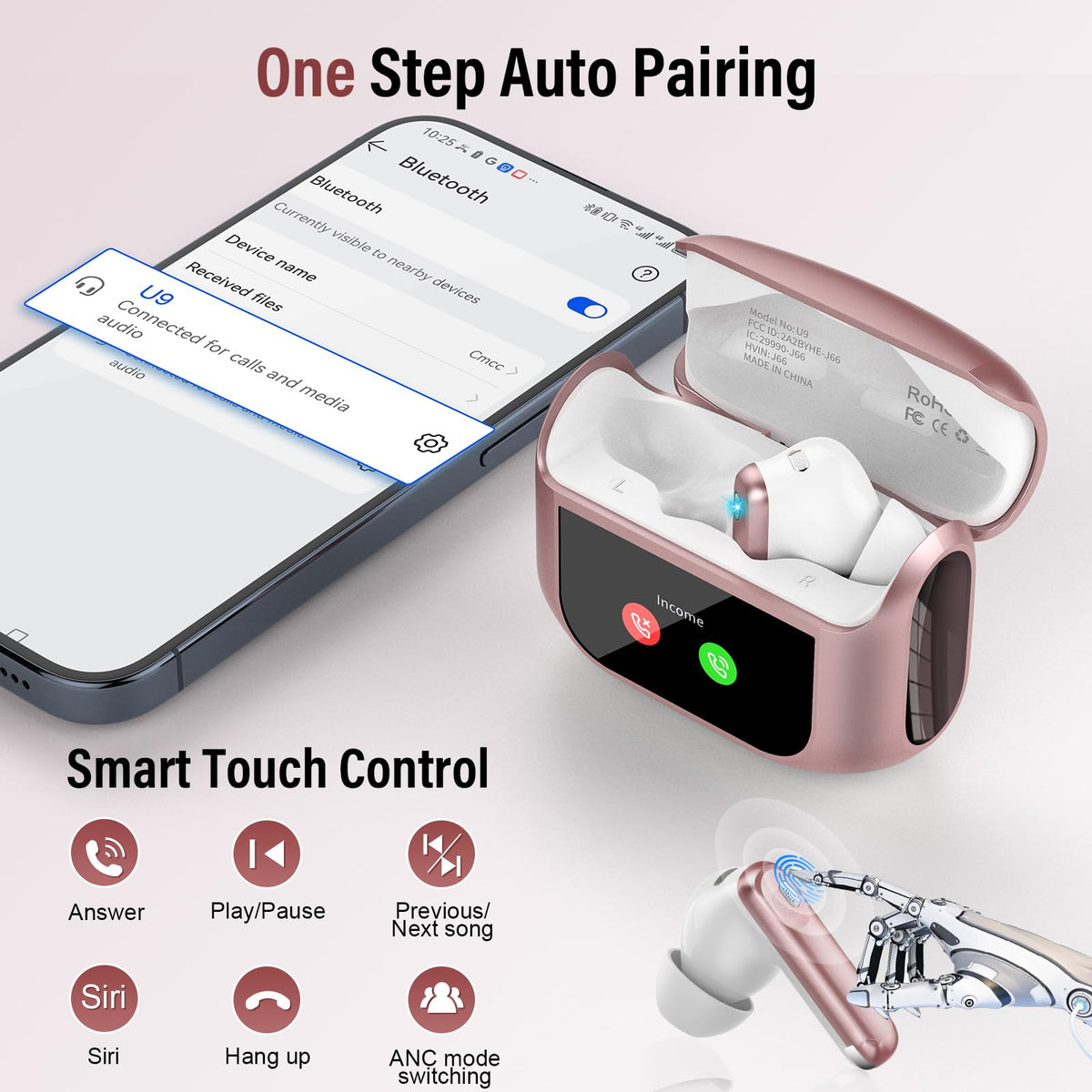 Thunelec earbuds on table next to smartphone showing Bluetooth 5.4 pairing ease