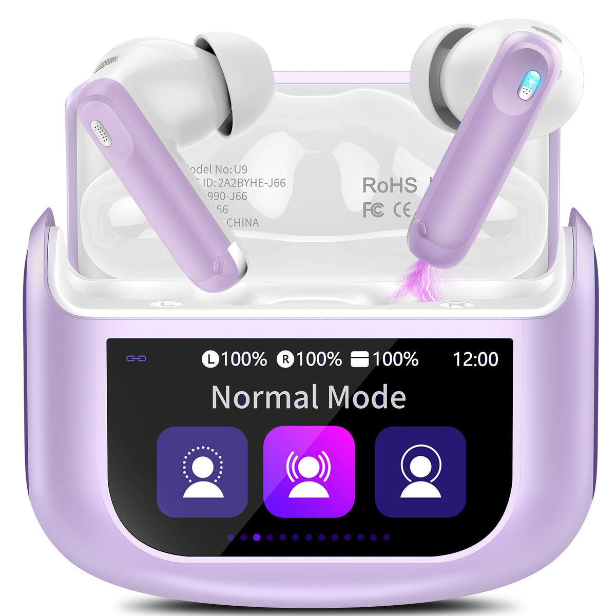 Thunelec charging case front with color display showing easy control and quick access