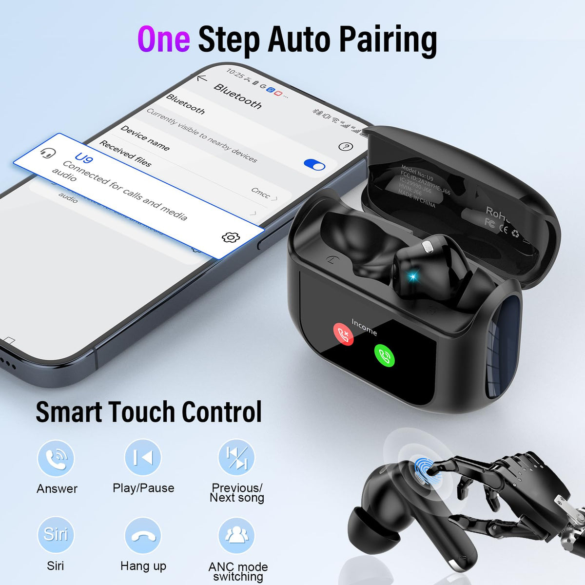 Thunelec earbuds and case beside a smartphone to show compact size and everyday scale