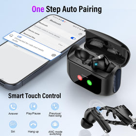 Thunelec earbuds and case beside a smartphone to show compact size and everyday scale