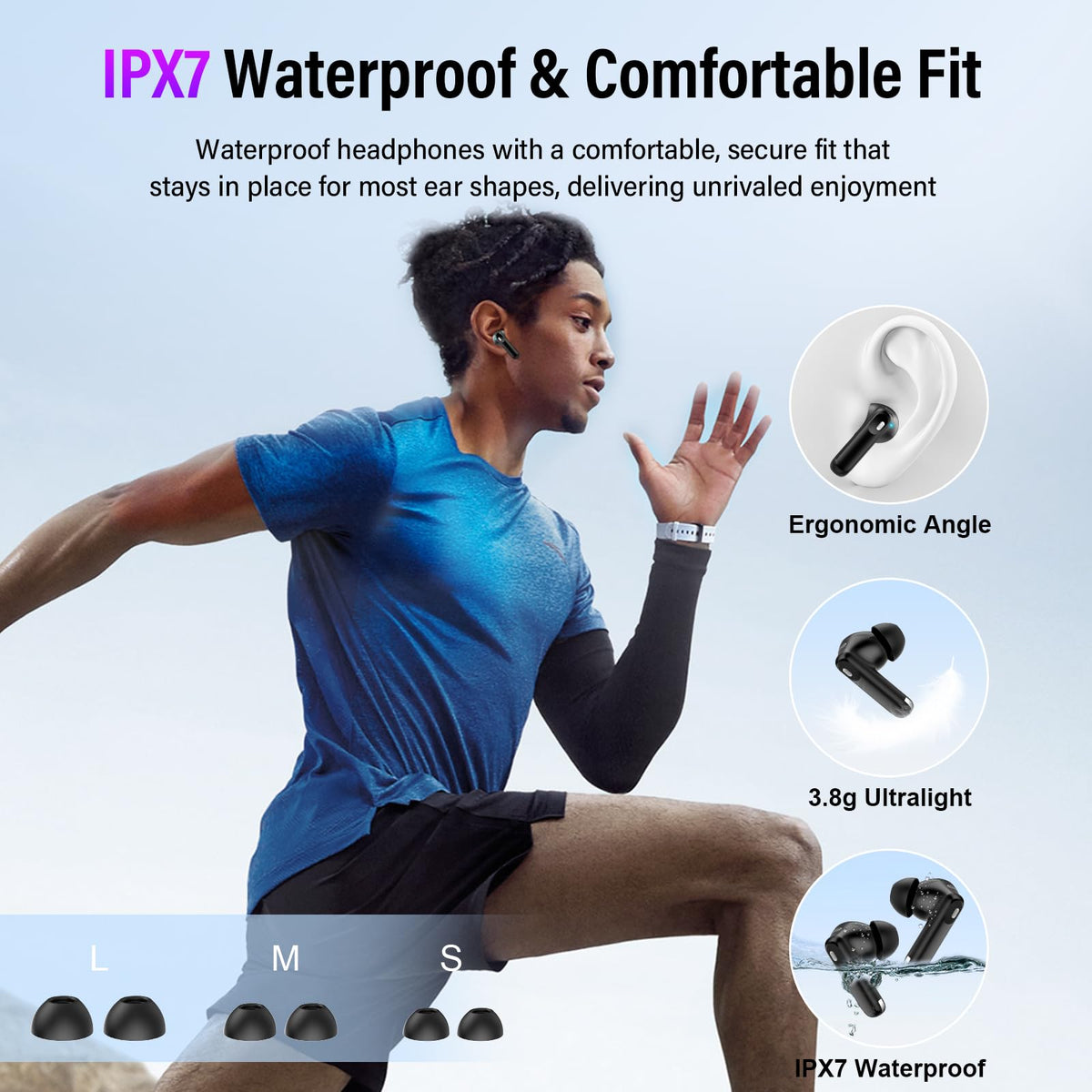Thunelec earbuds with water splashes illustrating IPX7 protection for sweat and rain
