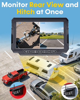 Thybro dual camera rear view monitor keeps you aware of traffic while hitching.