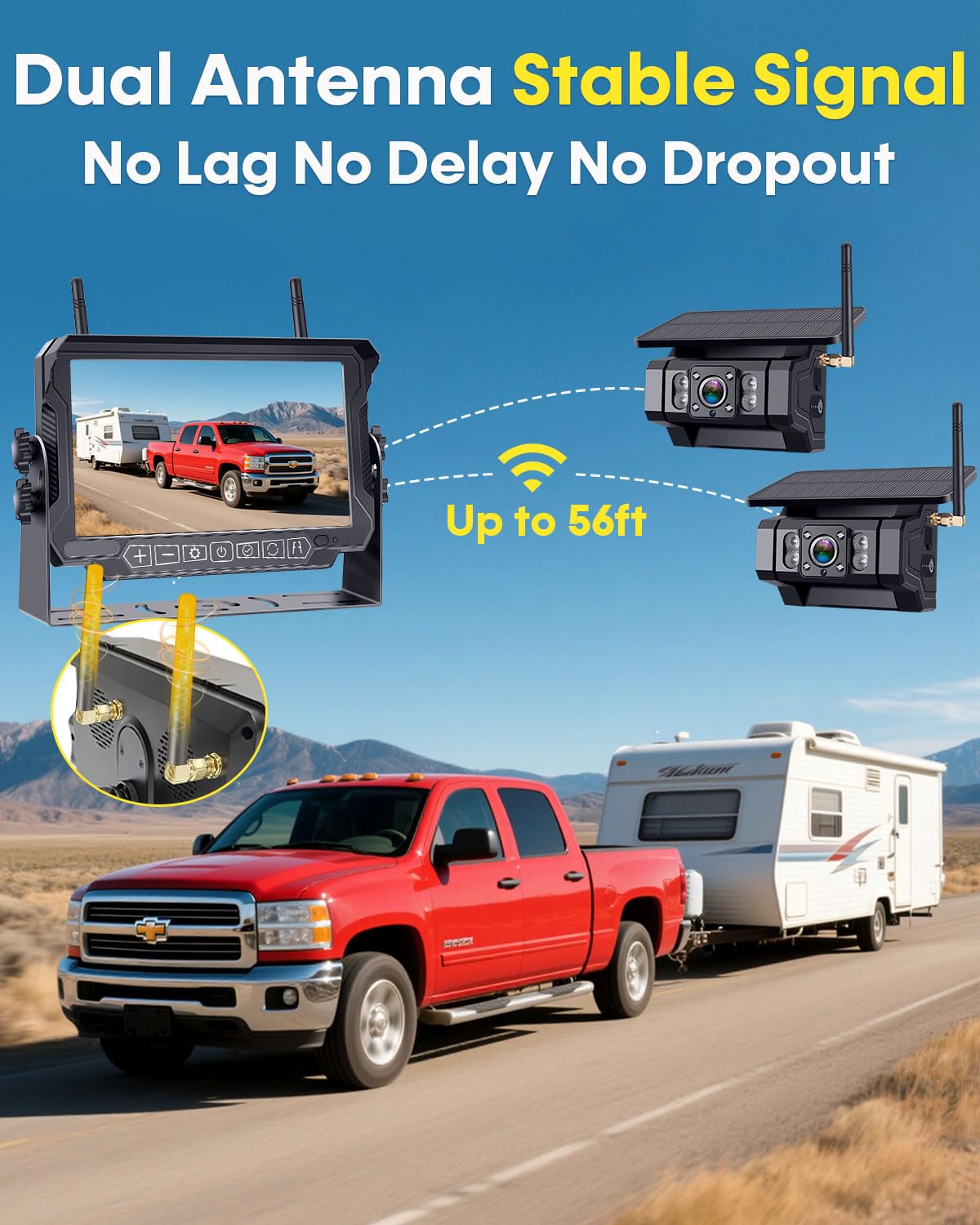 Thybro monitor shows hitch and rear view simultaneously for safer maneuvers.