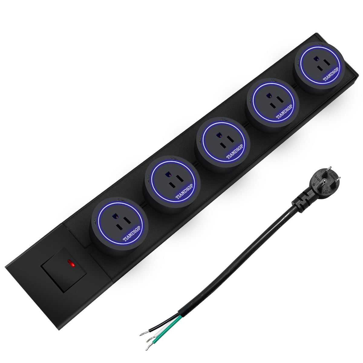 TIANDIGP front-mounted track showcasing five outlets and tidy cable management