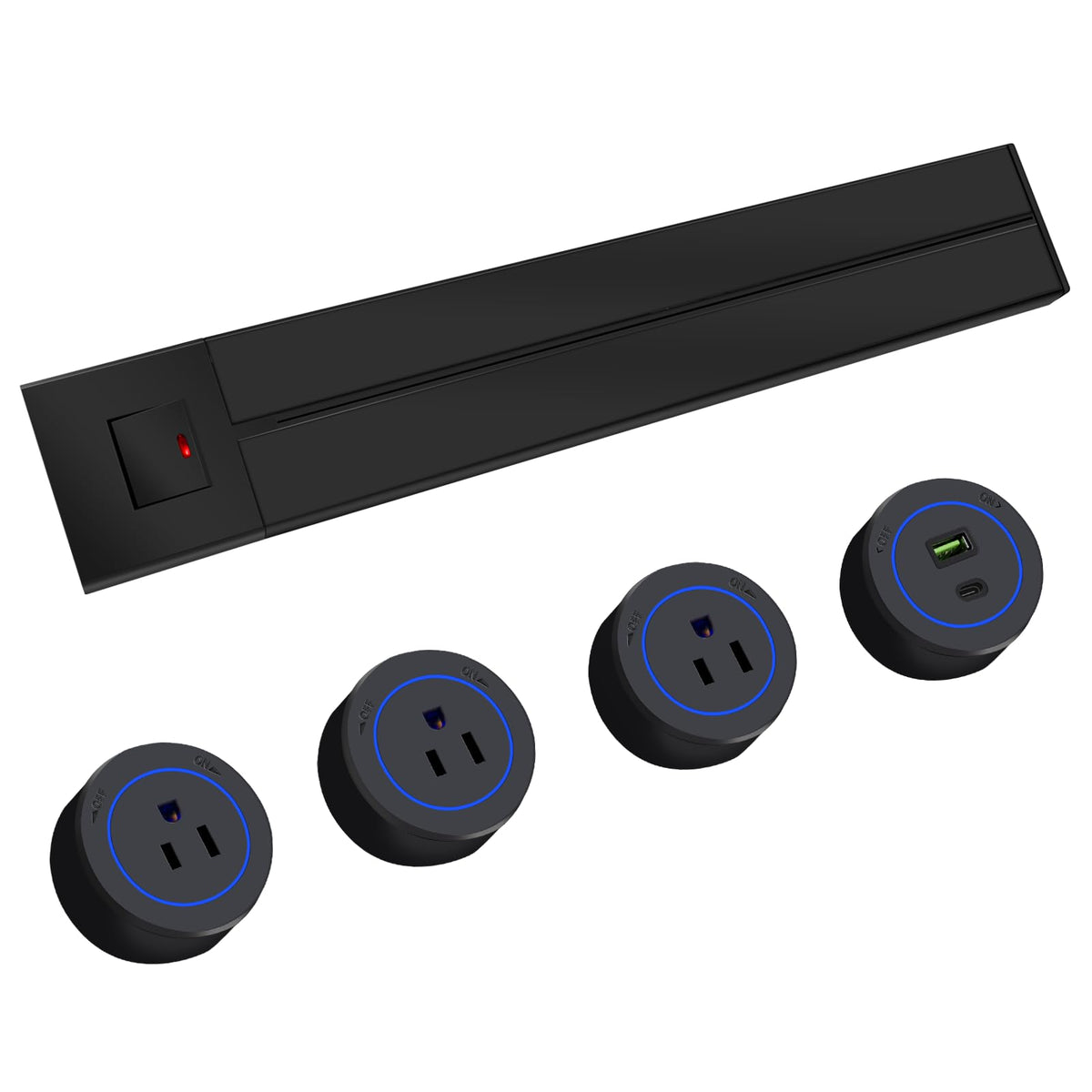 TIANDIGP front view of full track outlet showing three AC sockets and USB ports for flexible power