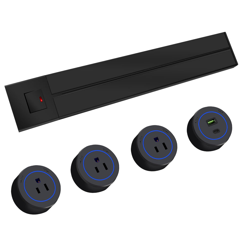TIANDIGP front view of full track outlet showing three AC sockets and USB ports for flexible power