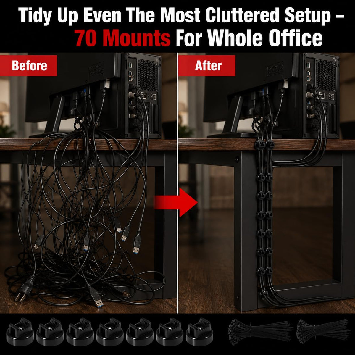 Tideme behind computer setup reduces desk clutter and tangles.