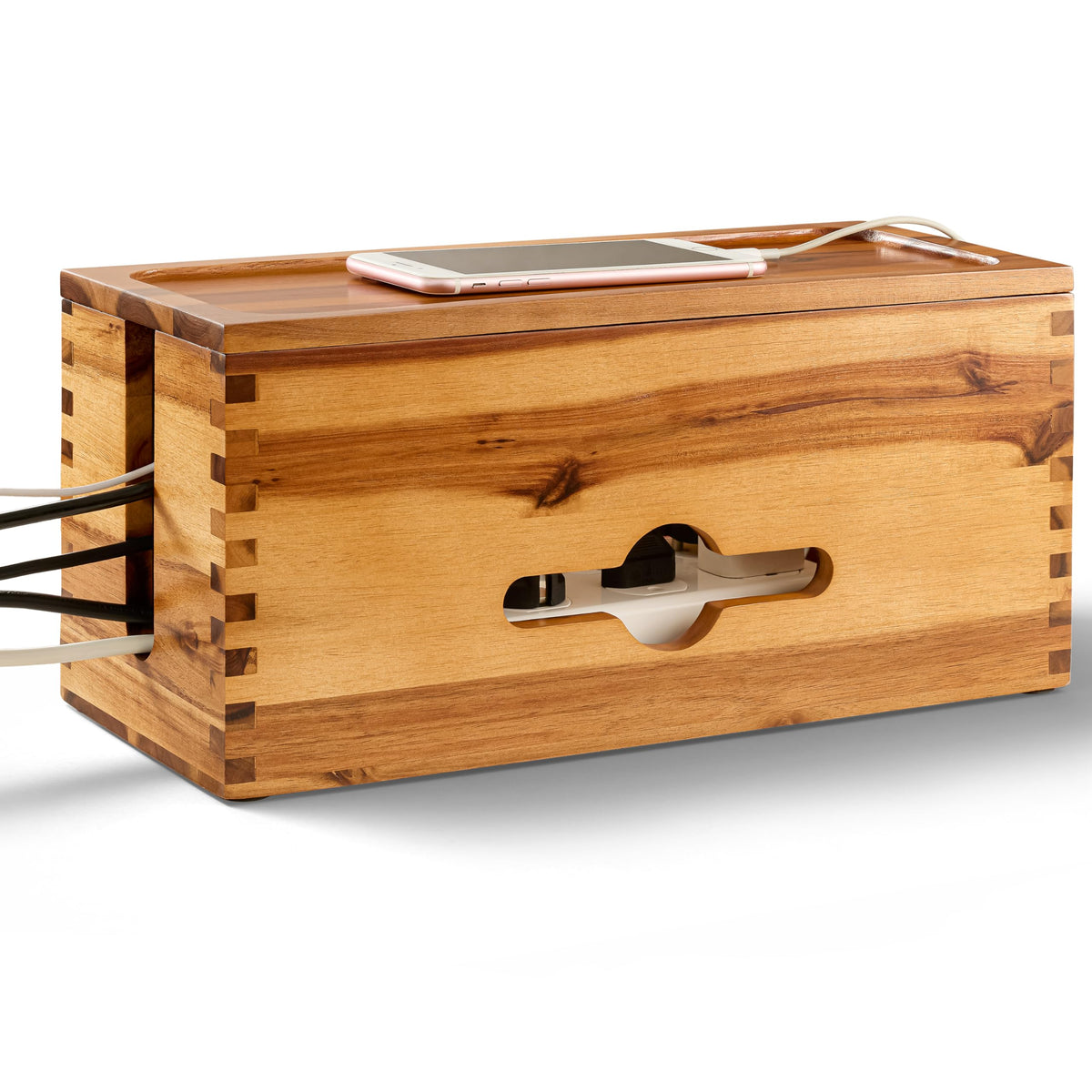 Tidita Acacia large cable box front view hides clutter for a cleaner desk