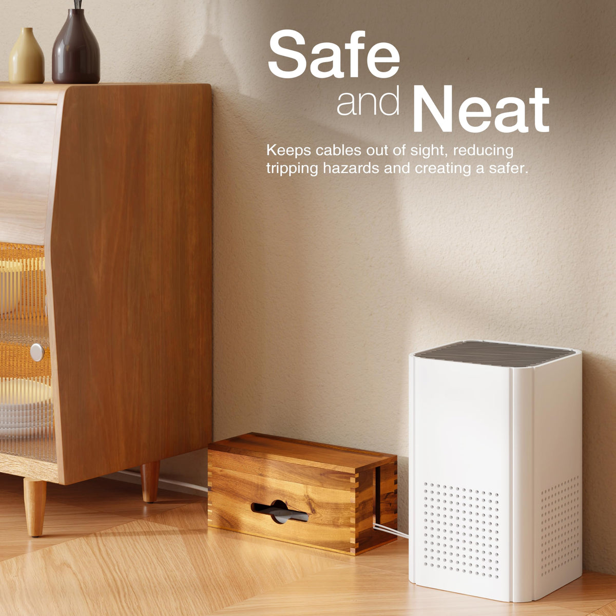 Tidita Acacia large cable box hidden cables with natural wood finish