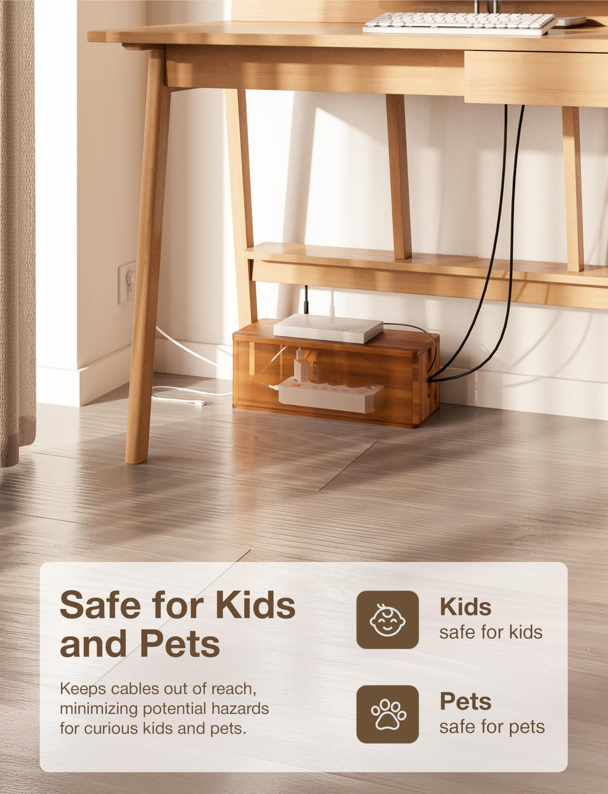 Tidita Acacia Wood Cable Box organizes entertainment cables for a tidy living room.