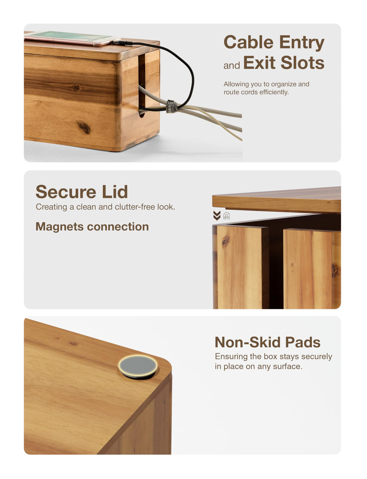 Tidita Acacia Wood Cable Box magnetic lid for easy access and safe storage.