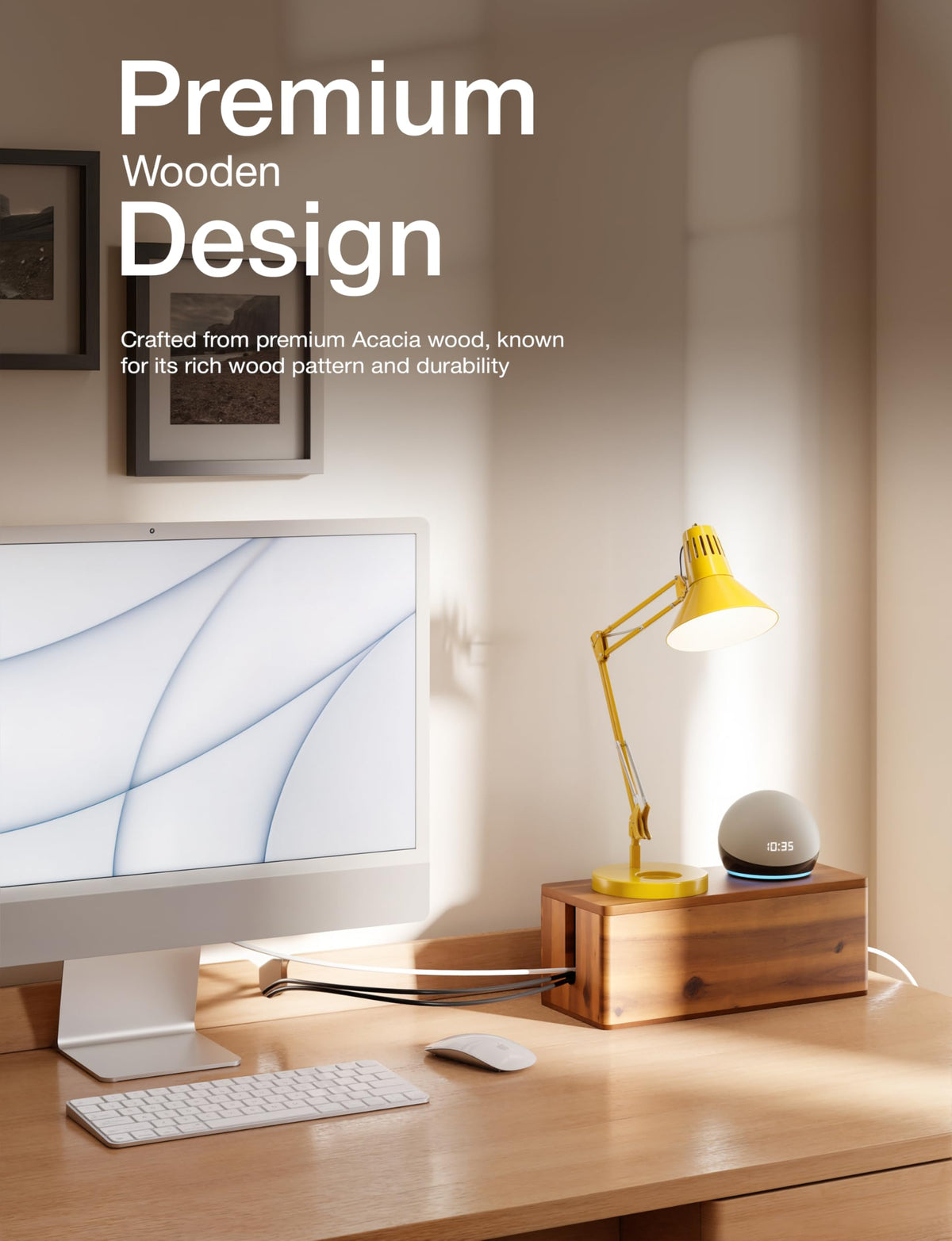 Tidita Acacia Wood Cable Box multiroom use stores chargers and small devices.