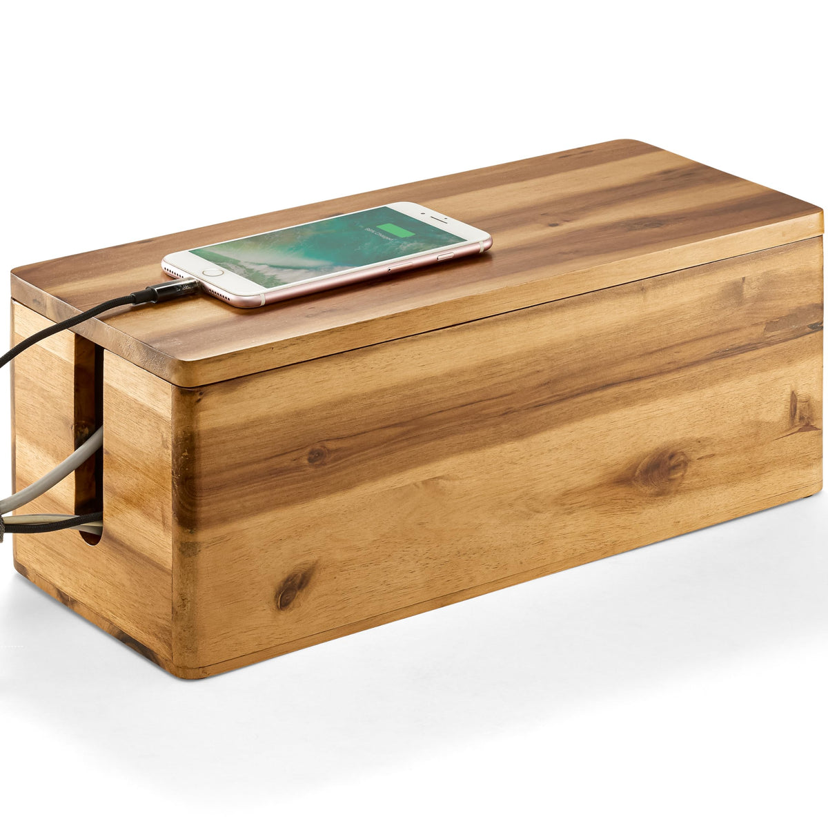 Tidita Acacia Wood Cable Box with round edge lid keeps cords hidden and organized.