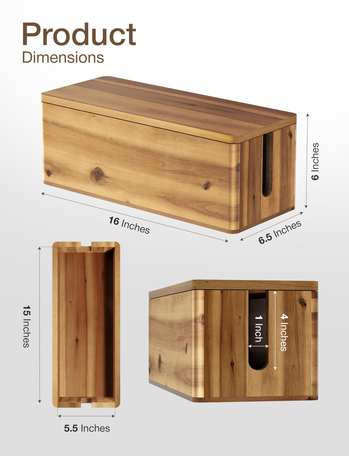 Tidita Acacia Wood Cable Box side-entry slots simplify routing and reduce clutter.
