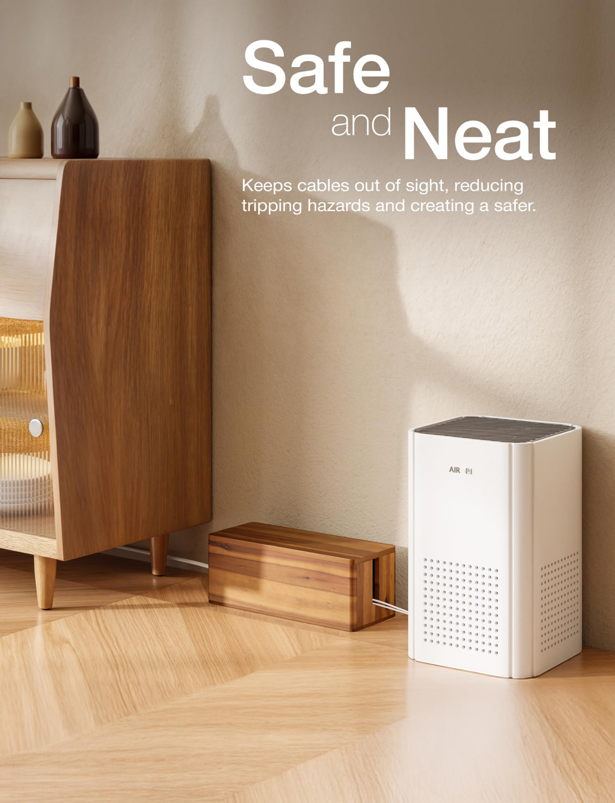 Tidita Acacia Wood Cable Box under-desk setup keeps cords out of sight.