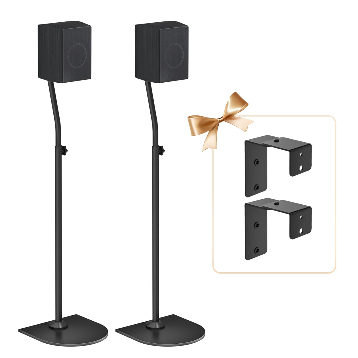 tiebutie front pair stands holding Samsung Q-series speakers neatly