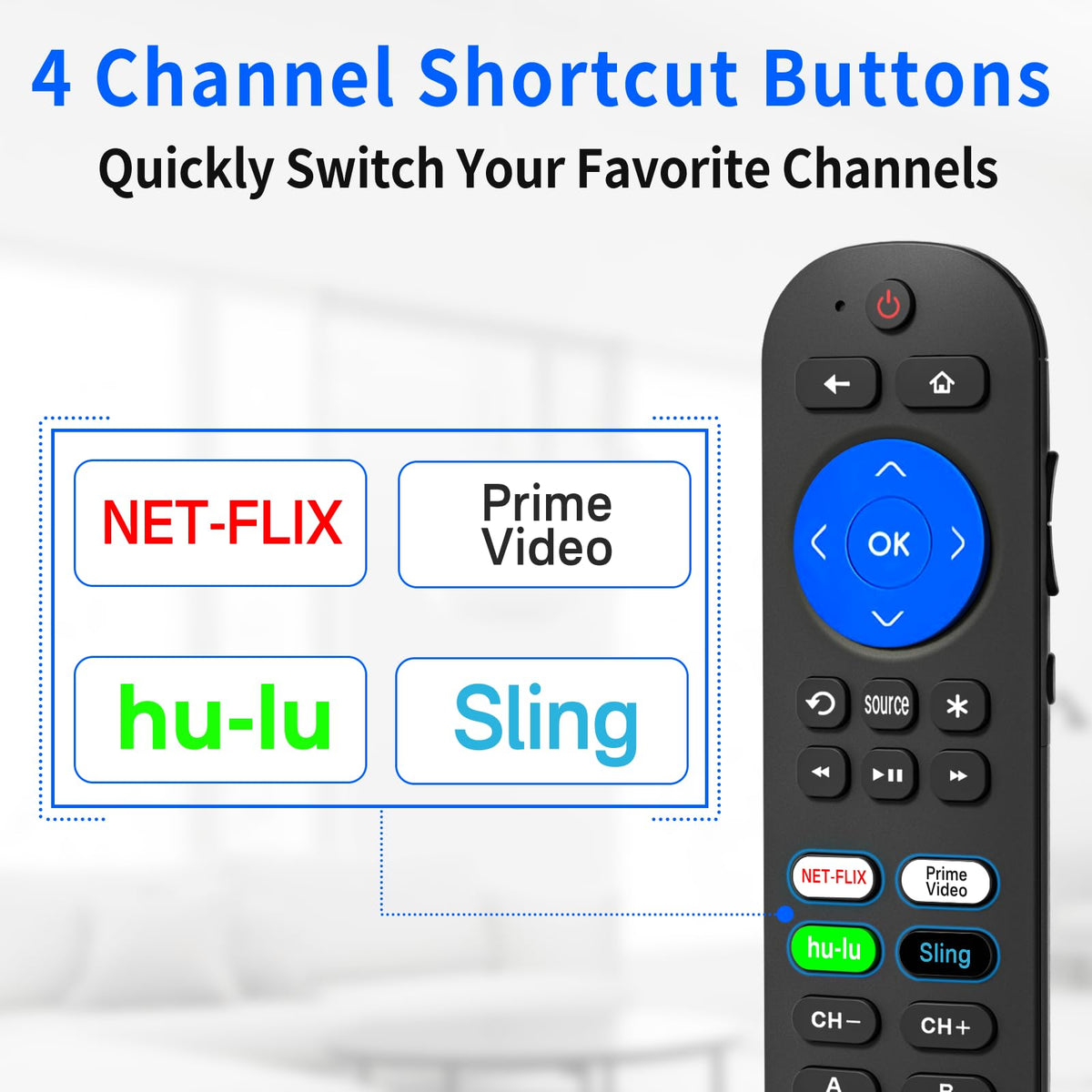 tiebutie Roku Ultra remote close-up of 4 hotkeys for quick access