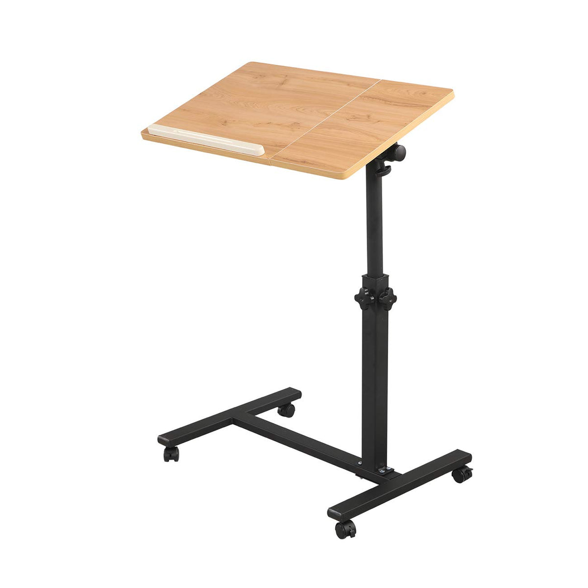 TigerDad front view of overbed desk showing stable frame and wood top benefit of mobility