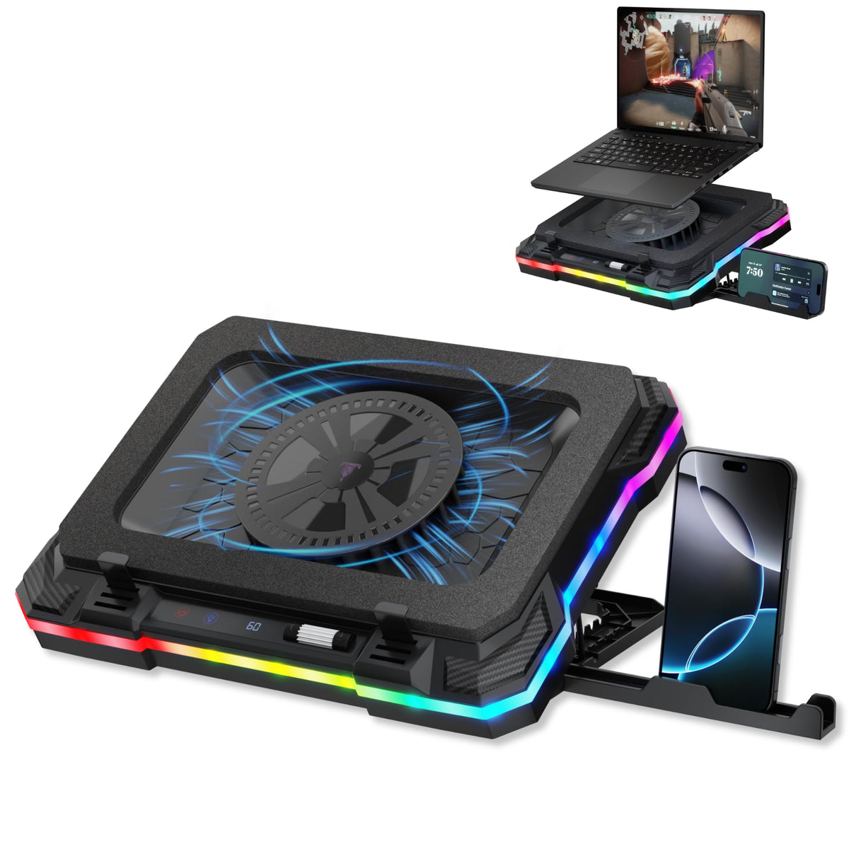 Tilted Nation cooling pad with fan speed control for cooling during gaming.