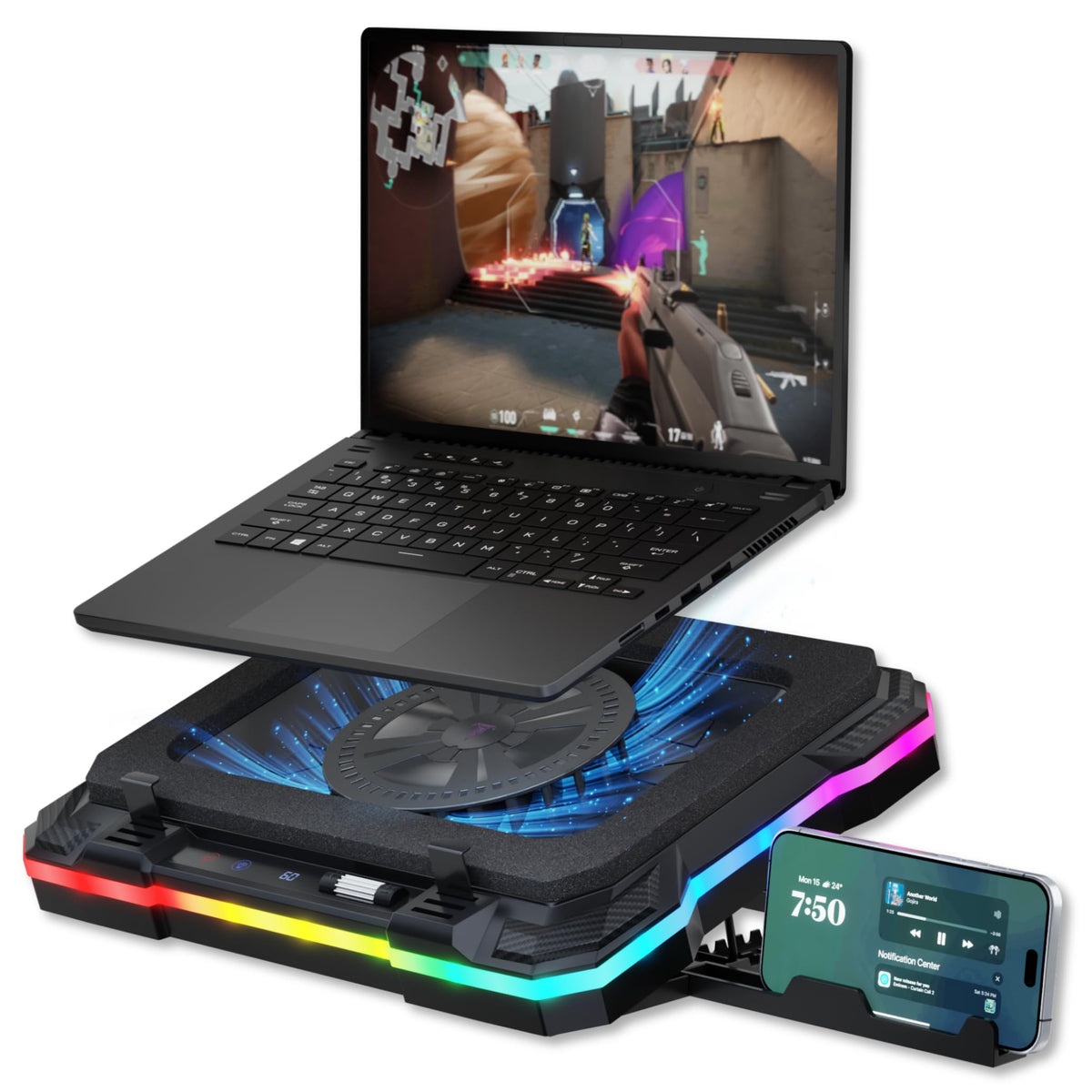 Tilted Nation cooling pad in use with laptop demonstrates complete setup.