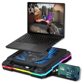 Tilted Nation cooling pad in use with laptop demonstrates complete setup.