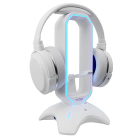 Tilted Nation front view of white RGB headset stand showing neat desk benefit