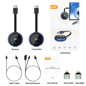 TIMBOOTECH packaging shows included transmitter, receiver, cables, and manual.