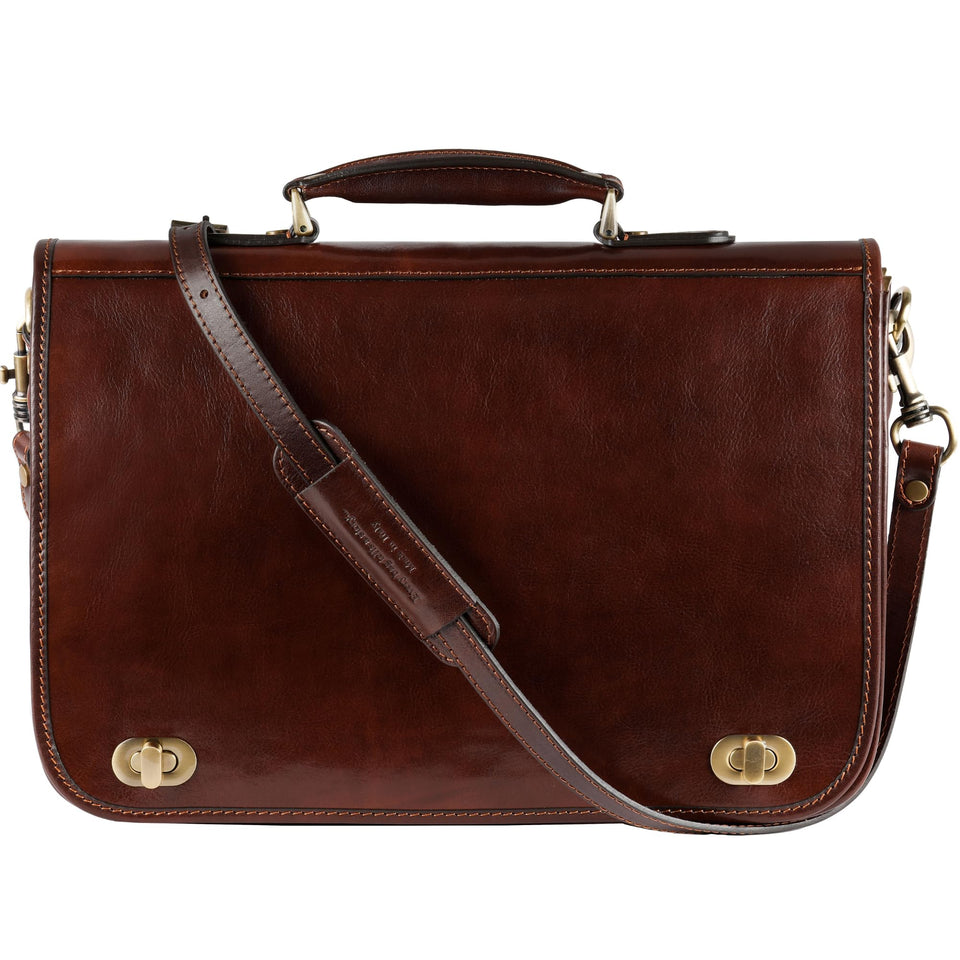 Time Resistance briefcase front view showcases premium Italian full-grain leather for a professional look.