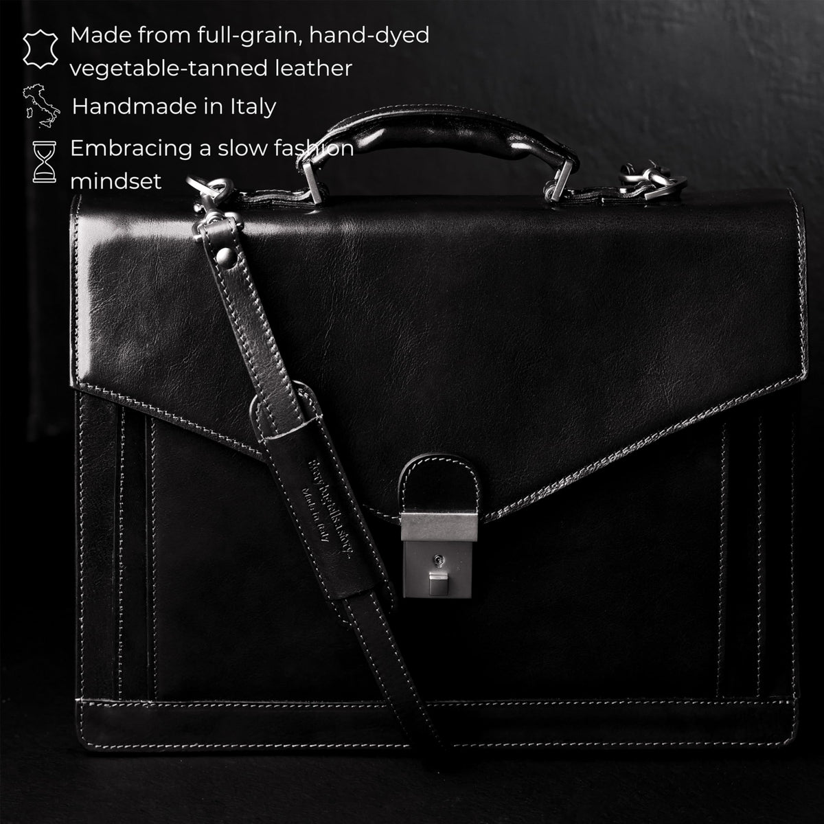 Time Resistance briefcase hardware detail highlights durable fittings and zippers.