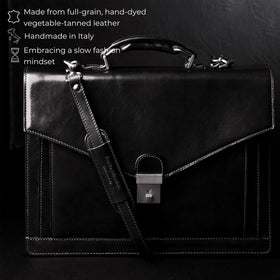 Time Resistance briefcase hardware detail highlights durable fittings and zippers.