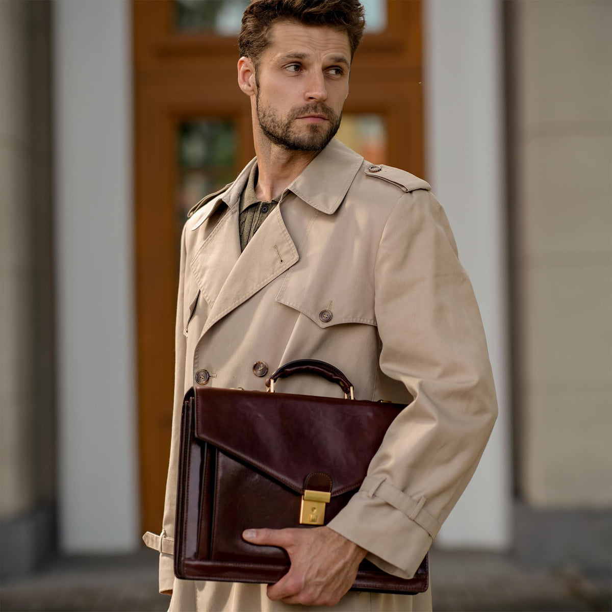 Time Resistance briefcase Italian craftsmanship highlights durable construction for daily business use.