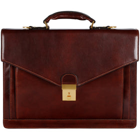 Time Resistance leather briefcase close-up shows rich texture and expert craftsmanship.