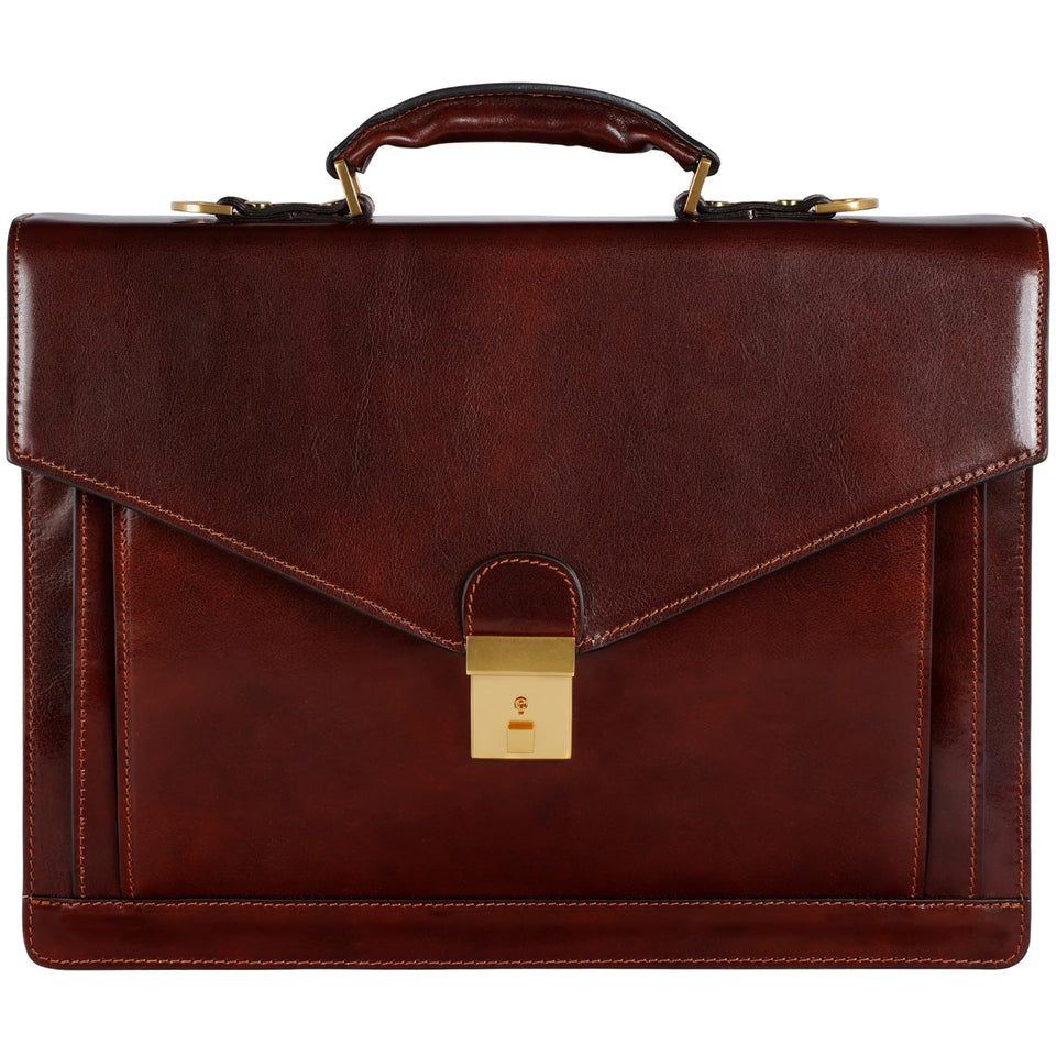 Time Resistance leather briefcase close-up shows rich texture and expert craftsmanship.