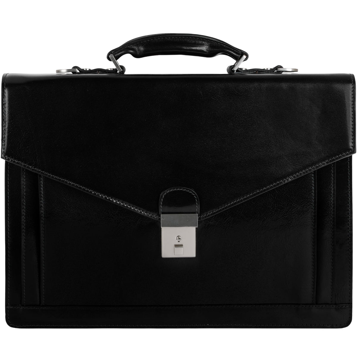 Time Resistance briefcase exterior in black, showcasing premium Italian leather.