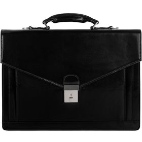 Time Resistance briefcase exterior in black, showcasing premium Italian leather.