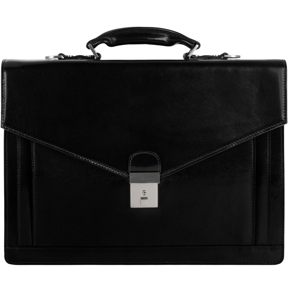 Time Resistance briefcase exterior in black, showcasing premium Italian leather.