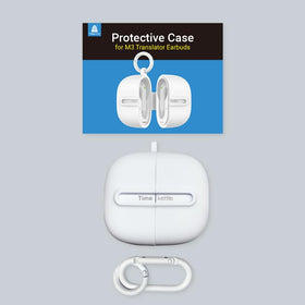 Timekettle case clipped to a backpack strap showing travel convenience and anti-loss benefit