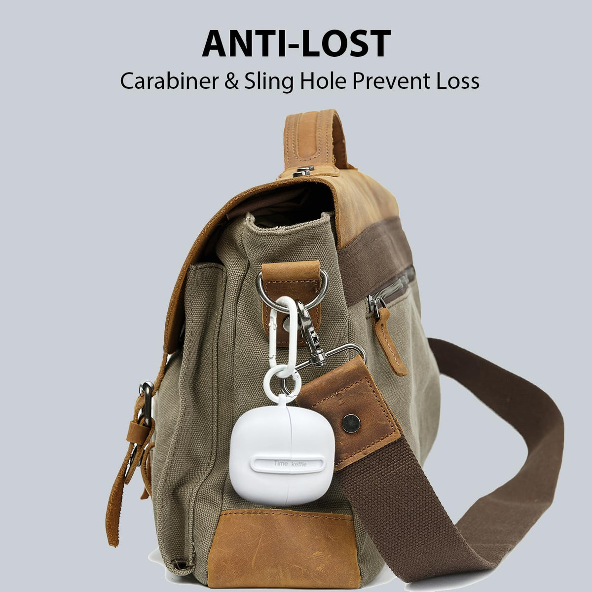 Timekettle case open with carabiner attached showing secure clipping benefit
