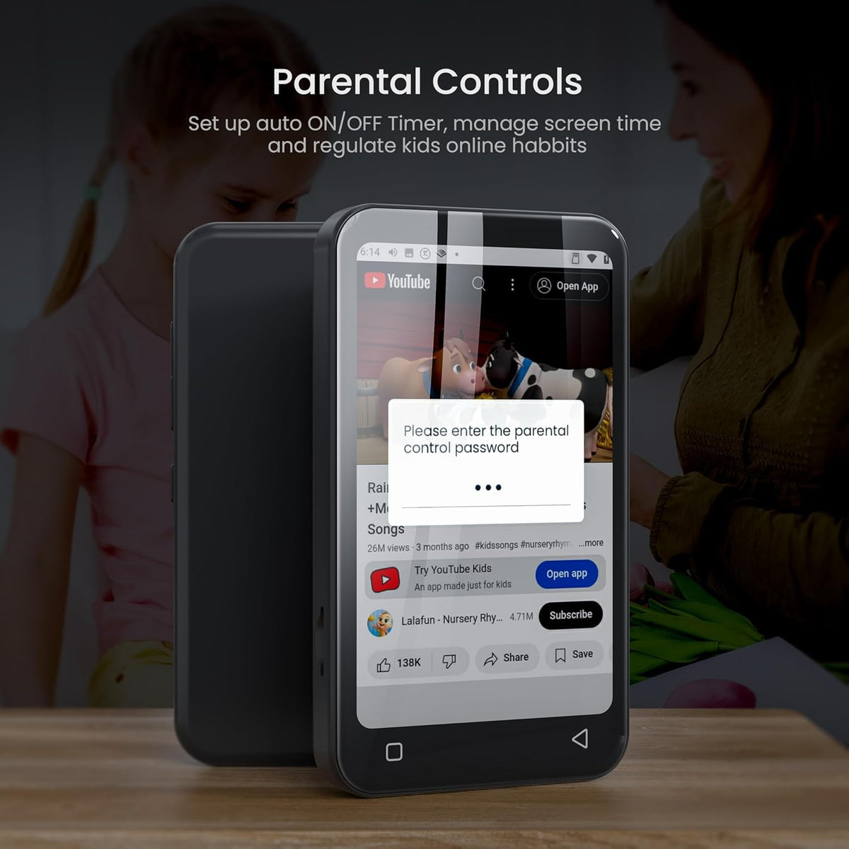 TIMMKOO device displaying the 4-inch touch screen for video playback